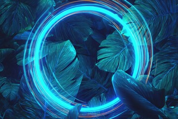 A glowing blue circular light hovers above vibrant green tropical leaves, forming an artistic design