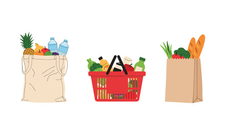 Illustration of groceries in shopping bags and basket.