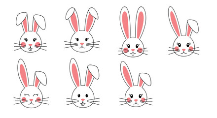 A collection of cute cartoon bunny faces with different expressions.