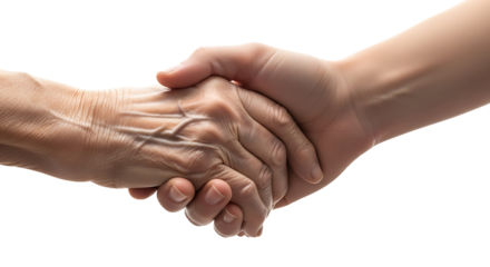 Intergenerational handshake between an elderly person and a young person against a black background, symbolizing unity, support, care, and connection