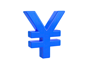 A 3D rendered, blue currency symbol representing the Japanese Yen, isolated