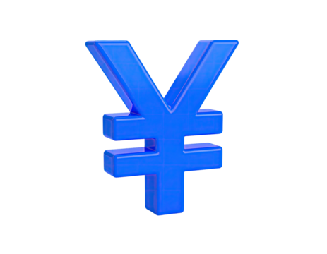 A 3D rendered, blue currency symbol representing the Japanese Yen, isolated