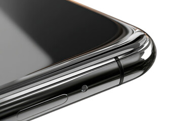 Close Up of Silver Mobile Phone Corner with Smooth Reflections Against Black Background in Studio Lighting for Advertising Mockup Design