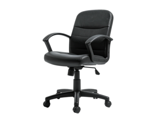 Black office chair with arms, swivel base, and padded seat and back against dark