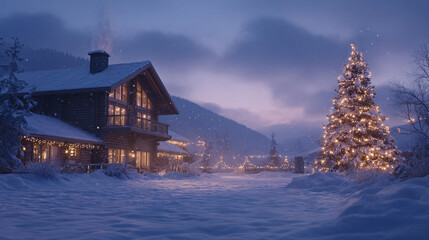 Serene Winter Cabin Scene with Snowy Landscape and Christmas Tree