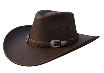 Isolated brown leather cowboy hat with decorative belt, western fashion style accessory