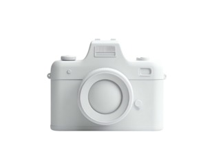A monochrome, simplified camera model rendered in a minimalistic style on black background