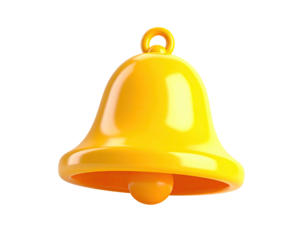 Shiny, yellow, 3D bell icon against a black background, with ring and clapper