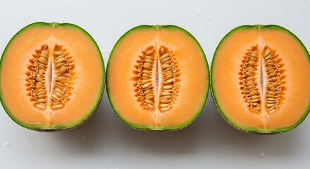Three halves of cantaloupe melons on white surface background