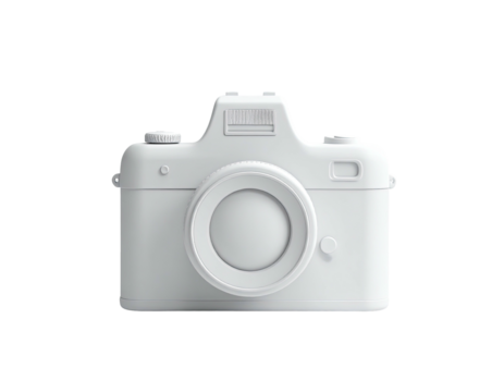 A monochrome, simplified camera model rendered in a minimalistic style on black background