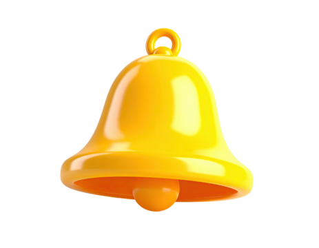 Shiny, yellow, 3D bell icon against a black background, with ring and clapper