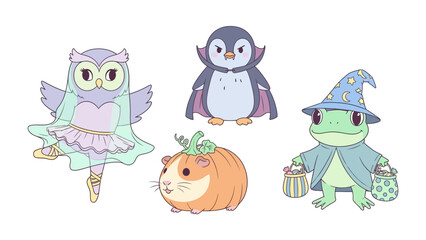 Whimsical Creatures: A delightful tableau of cartoon creatures dressed in charming costumes, celebrating fantasy and wonder.