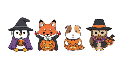 Spooky Critter Crew: A delightful array of cartoon animals, each in enchanting Halloween attire, poses with carved pumpkins, creating a captivating scene of festive joy.