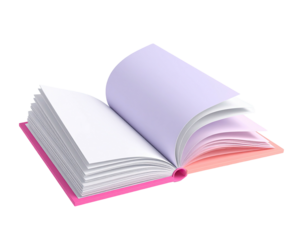 Rendered open book with pink cover and blank pages, isolated on black