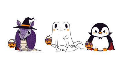 Halloween Crew: A delightful trio of Halloween characters, an armadillo in a witch hat, a friendly ghost, and a charming penguin, all set against a simple background. ready for trick or treat!