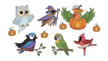 Halloween Birds in Cartoon World: Set of adorable cartoon birds wearing Halloween costume, pumpkins, each charming, adding a dash of festivity to your seasonal designs.