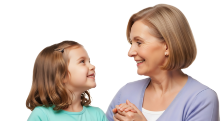 Smiling grandmother and granddaughter sharing a tender moment, looking at each other with affection