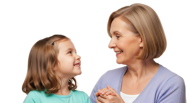Smiling grandmother and granddaughter sharing a tender moment, looking at each other with affection
