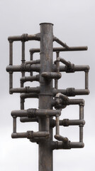Industrial pipe sculpture, metal pipes, geometric structure, urban art, moody sky, gritty texture