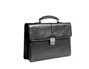 A classic black leather briefcase with a metal clasp and a handle against black