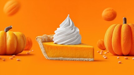 Delicious pumpkin pie with whipped cream surrounded by whole pumpkins and orange autumn decor on vibrant orange background