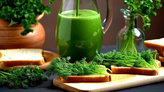  Green vegetables and dill and cilantro and parsley  and  juice healthy diet 