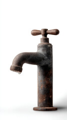 Rusty water faucet droplet old metal faucet with single drip, dry mood, white background