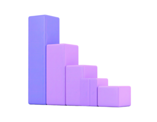 3D purple bar graph declining in size, set against a black background