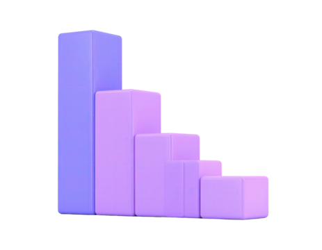 3D purple bar graph declining in size, set against a black background