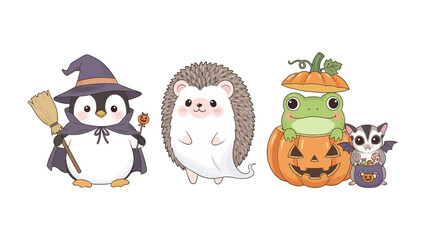 Halloween Creatures Gathering: Adorable animated penguin, hedgehog, frog, and bat celebrating Halloween together, dressed up for the joyous occasion with cartoon elements.
