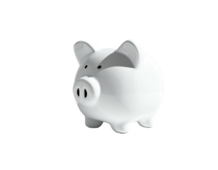 A white, ceramic piggy bank, set against a black background with soft lighting