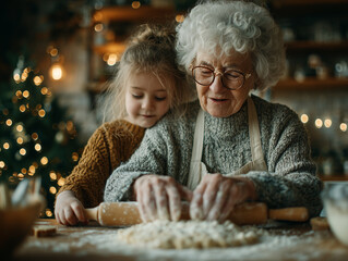 A grandmother and granddaughter knead dough for Christmas gingerbread cookies in the kitchen at home.
