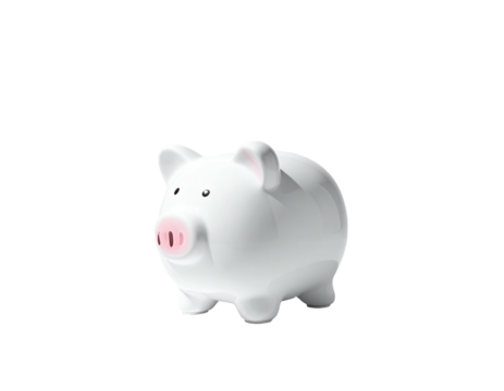 Isolated white ceramic pig money box with pink snout, ears, and eyes