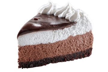 Isolated Slice of Chocolate Mousse Cake with Brown Layers White Meringue and Whipped Cream Topping on Transparent Background