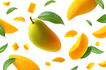 Obraz premium Fresh ripe mango fruit cubes and halves with splash isolated on transparent background, tropical juicy summer fruit for healthy food, dessert, illustration