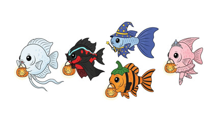 Halloween Fish Delight: A whimsical illustration showcasing a school of Halloween-themed fish, each playfully adorned with unique costumes and trick-or-treat bags, exuding a sense of spooky cheer.