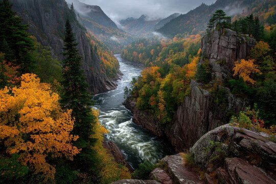 Autumn river gorge, mist-shrouded mountains