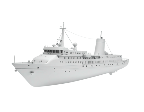 White-rendered cruise ship floats on black, showing multiple decks, masts, and windows