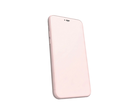 Angled, pale pink smartphone on a black background; product shot