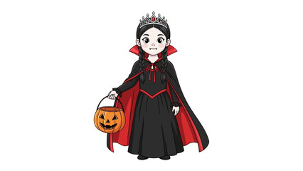 Halloween Queen: Adorned in a regal ensemble, a cartoon queen, holding a jack o' lantern. She radiates both elegance and enchantment, creating a visual of allure and joy. 