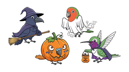 Halloween Birds: A collection of charming birds dressed up for Halloween, featuring a crow as a witch, a hummingbird as a trick-or-treater, a lovebird as a ghost, and a bird in the pumpkin. 