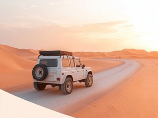 Fototapeta premium Exploring the vast desert with a 4x4 vehicle during sunset on a sandy road