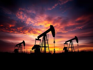 Sunset over oil pumps with dramatic skies illuminating the horizon near a drilling site