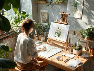 Creating plant illustrations in a bright art studio filled with greenery and natural light