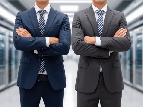 Two professional businessmen in suits stand with crossed arms in a blurred data center environment.