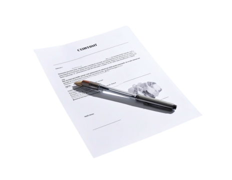 Contract on white paper with a pen and a crumpled ball