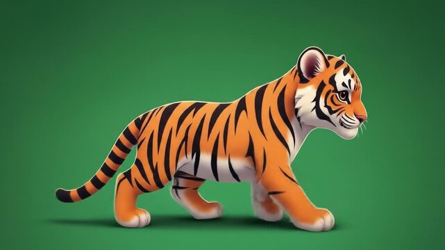 Animated tiger cub walking cycle on a green background, cartoon style sequence