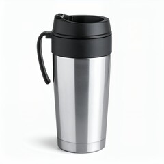 Sleek stainless steel travel mug with black lid isolated against white background
