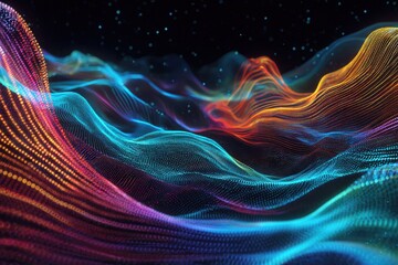 Obraz premium Abstract, colorful landscape of glowing particles, reminiscent of rolling hills under a starry sky