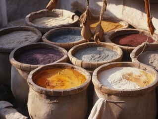 Colorful spices arranged in clay pots during a market visit in a vibrant town